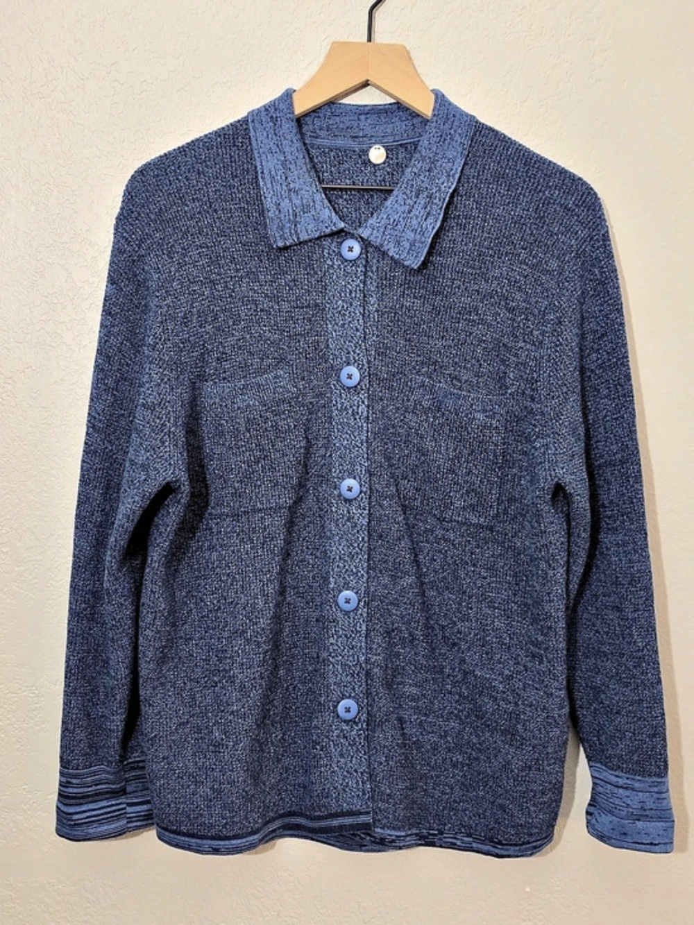 Margaret O'Leary Cotton Button Front Cardigan Knit Sweater Heathered Blue Women